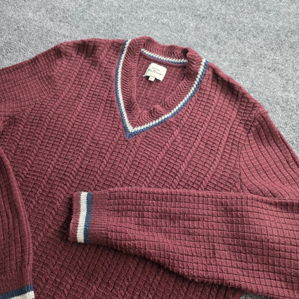 Ben Sherman Sweater Mens Large Burgundy Wool Blend V-Neck Waffle Knit Striped L